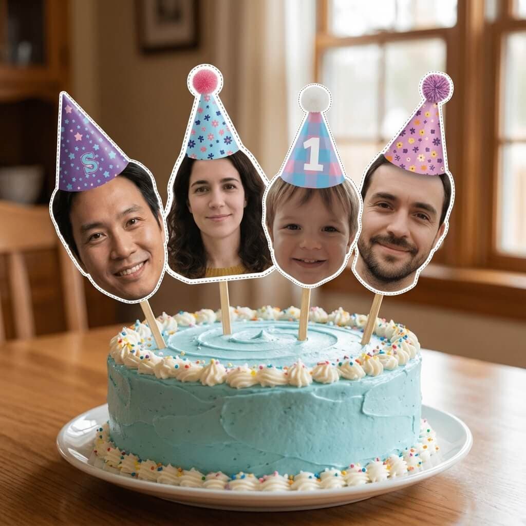 Cake topper con cara en un pastel de cumpleaños