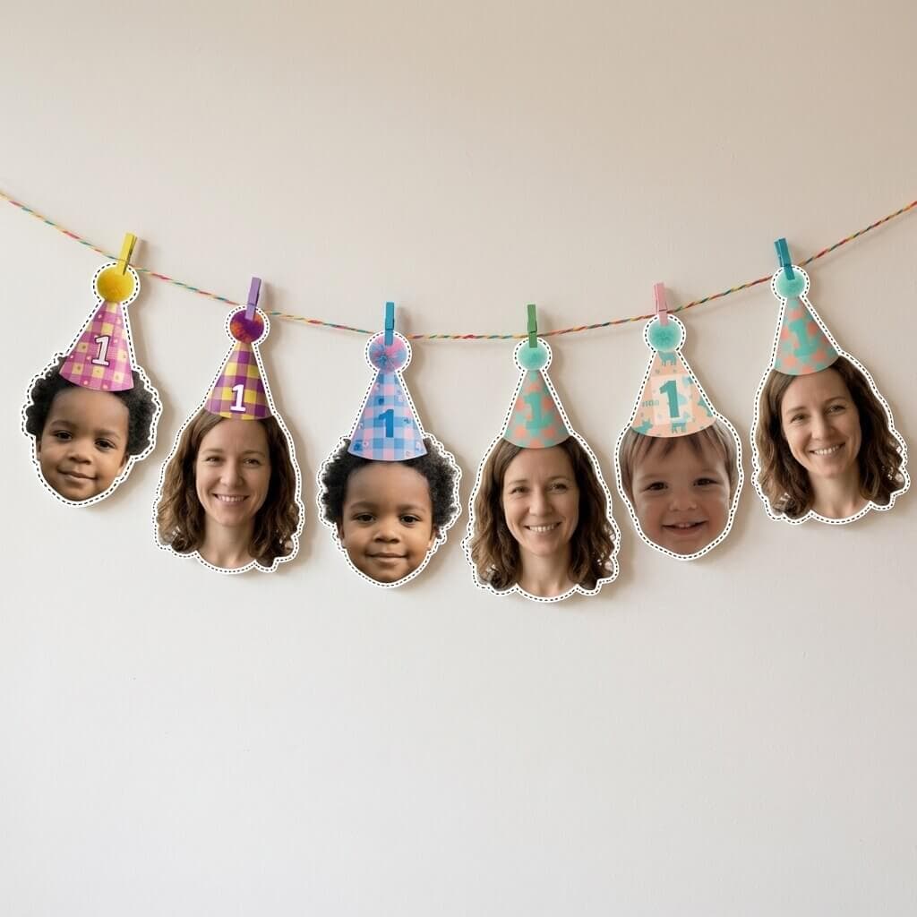 Caras coloridas de cake toppers en una guirnalda