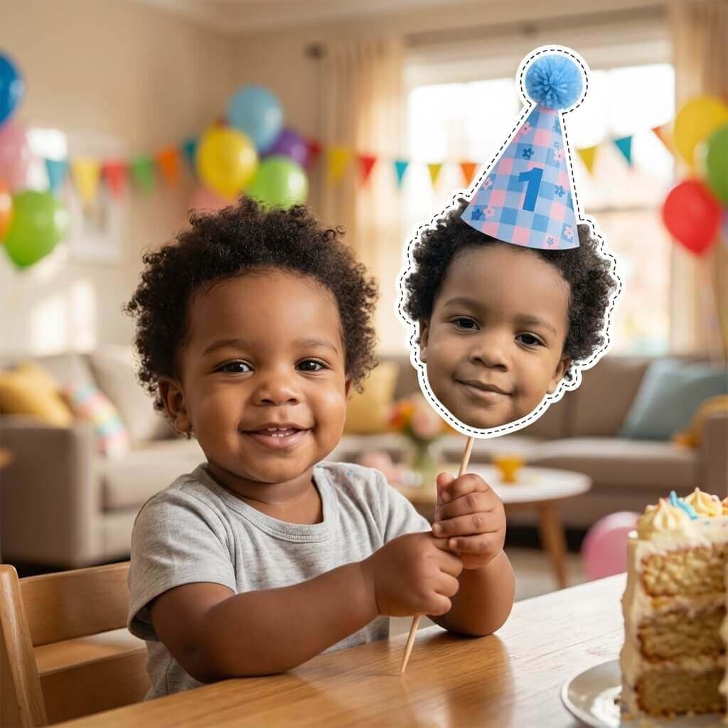 Primer plano de un cake topper imprimible en un pastel de cumpleaños