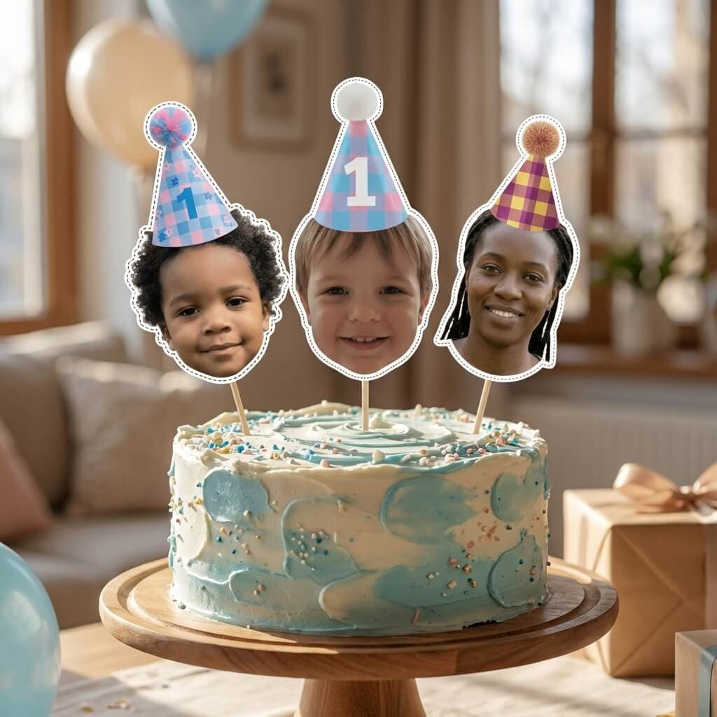 Cake toppers con caras en un pastel de cumpleaños
