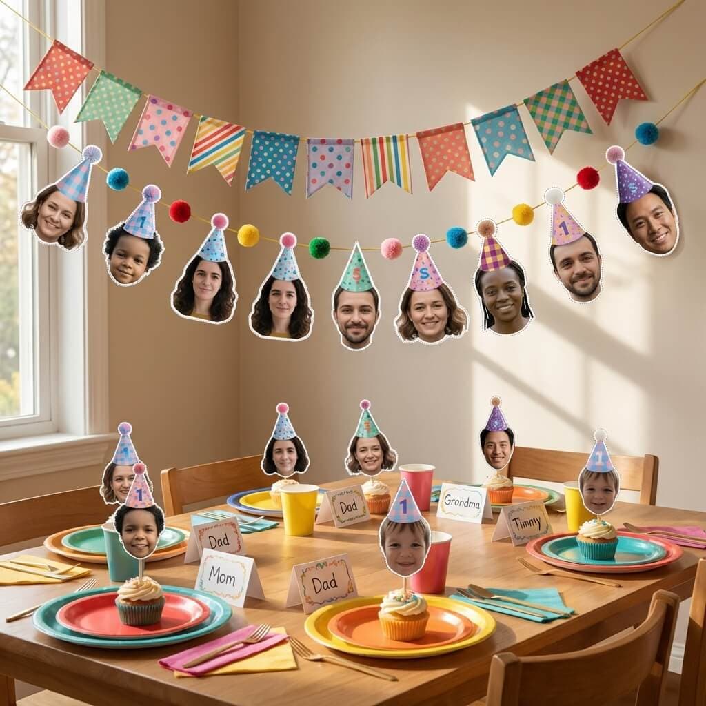 Guirnaldas y decoración de mesa con toppers